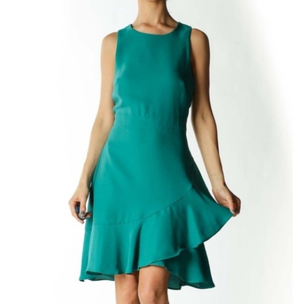 Banana Republic Teal Green Sleeveless Faux Wrap Flounce Dress 4P Petite Career
